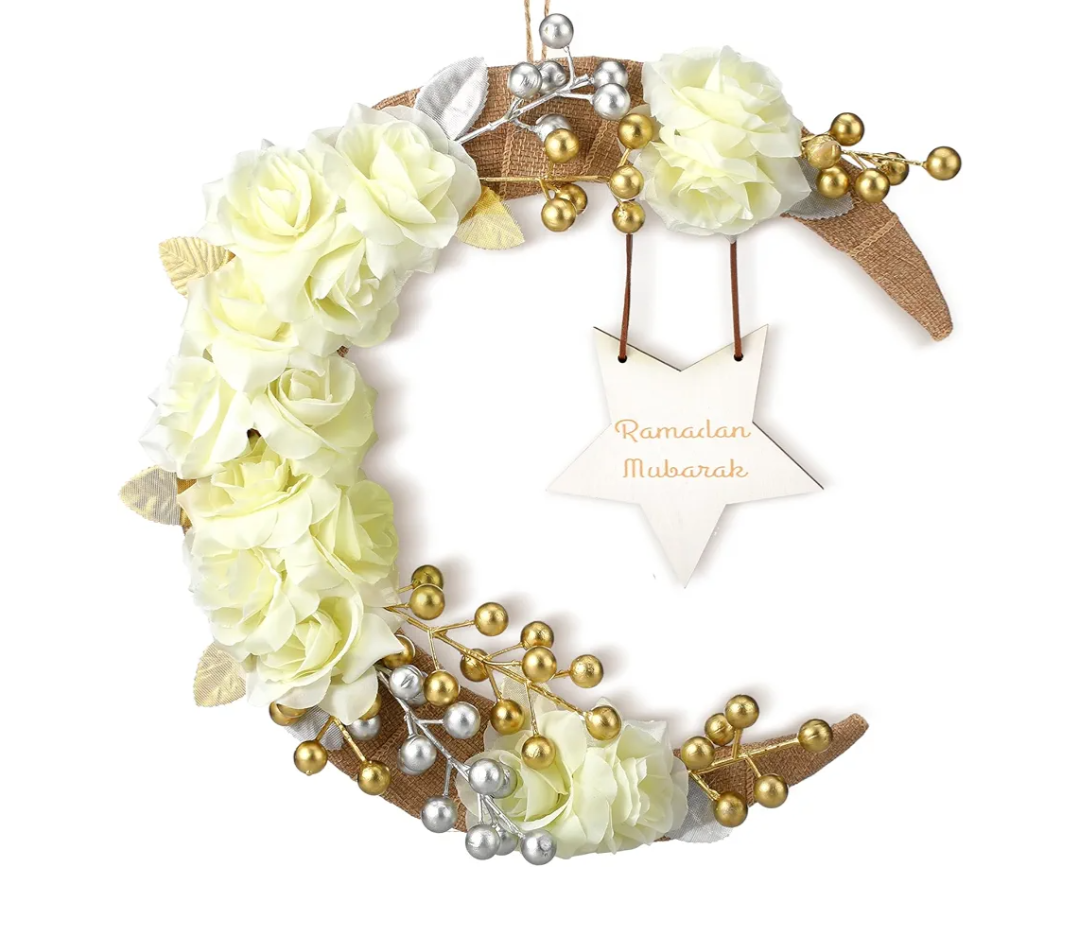 Eid Ramadan Mubarak Wreaths Ramadan Decorations for Home Front Door Eid Decor Round Metal Hoop Floral Hanging Garland for Wall Window Indoors Outdoor Farmhouse Decor