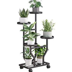 YIZAIJIA Plant Stand Indoor Outdoor 4 Tier Flower Holder with Wheels Metal Plant Shelf Corner Display Rack Multi Plants Sheleves for Living Room Garden Patio Black