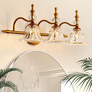 L LOHAS LED Bathroom Light Fixtures, 3 Lights (1 Brass Broken Bathroom Lighting Fixtures Over Mirrors with Thick Crystal Glass Shade), Vintage Vanity Lights for Bathroom, with G9 Light Bulbs