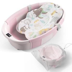 Collapsible Baby Bathtub  Large Baby Bath Tub with Thermometer & Cushion | Travel Portable Newborn Infant Bathtub | Foldable Toddler Bathtub for Baby 0 to 36 Months (Pink)