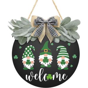 St Patrick's Day Welcome Sign Wreath For Front Door Decor Shamrock Hanging Door Sign Gnomes Pattern With Greenery & Bow Wooden Round St Patricks Day Decoration For The Home Farmhouse Decor 12x12 Inch (Black)