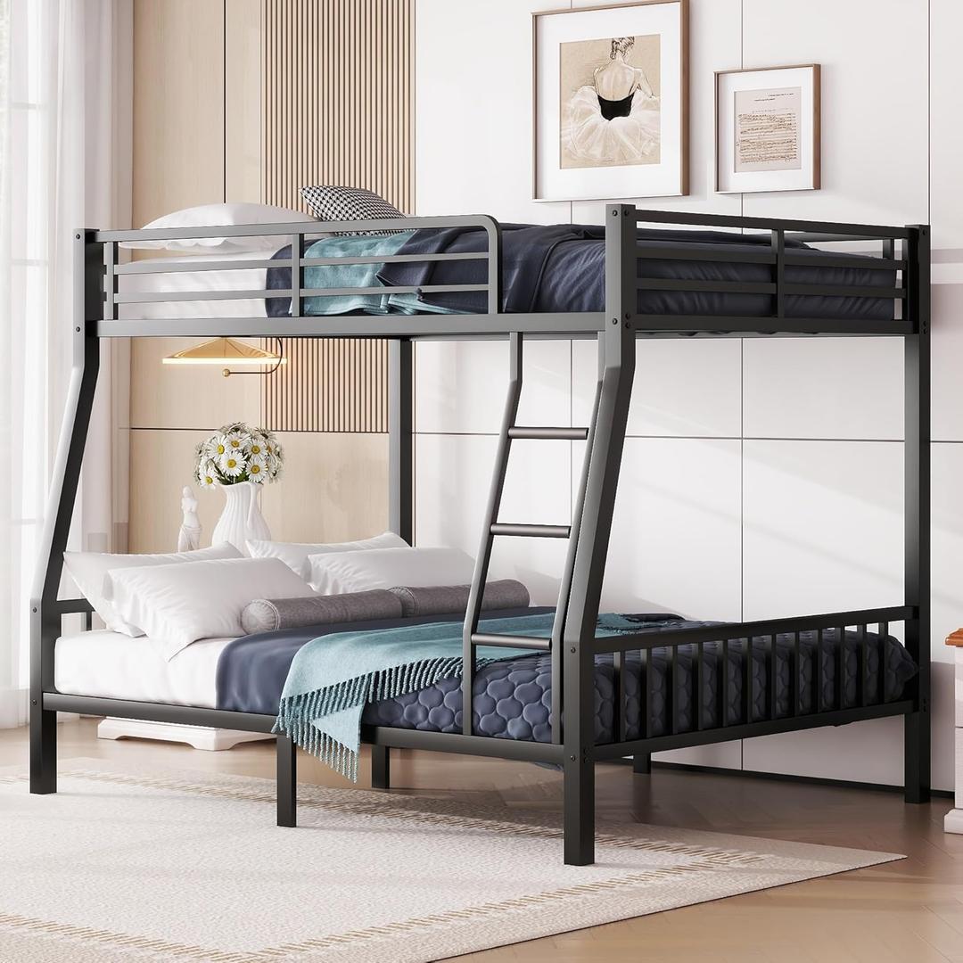 Full XL Over Queen Metal Bunk Bed, Heavy Duty Bunk Beds with Ladder and Slats Support, Queen Bunk Beds,Space-Saving Bunk Bed Frame for Adults Teens, Black
