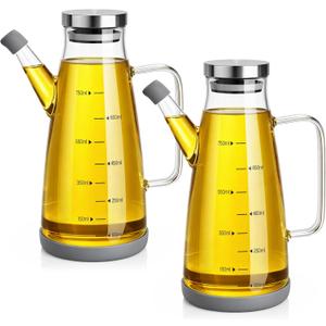 Zhehao 2 Pcs Glass Oil Bottle 25oz/750ml Cooking Oil Dispenser with Stainless Steel lid Drip Free Spout Non Slip Bottom for Kitchen Cooking Barbecue Party