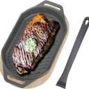 Sizzling Plate with Wooden Base for Pizza Oven and BBQ Accessories, Grizzler Pans for Outdoor BBQ Camping, 12 Inch Cast Iron Oval Pizza Pan with Removable Handle for Kitchen Stove Top, Gifts for Men