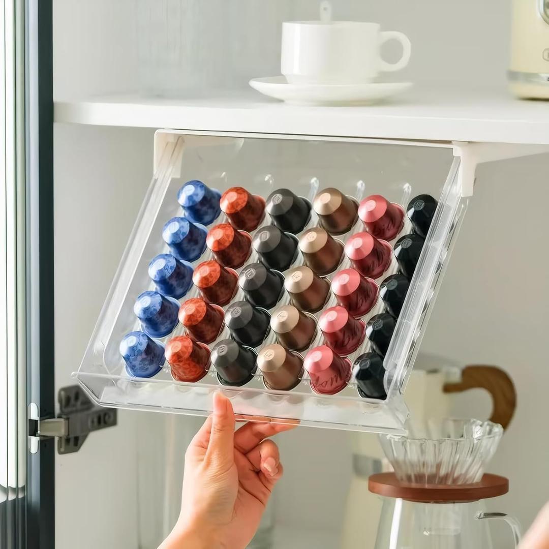 Coffee Pod Capsule Drawer Organizer,Compatible with Nespresso Original Pods, 30-Capacity Clear Drawer Organizer & Stand,for Under Cabinet Pod Storage Holder & Accessories