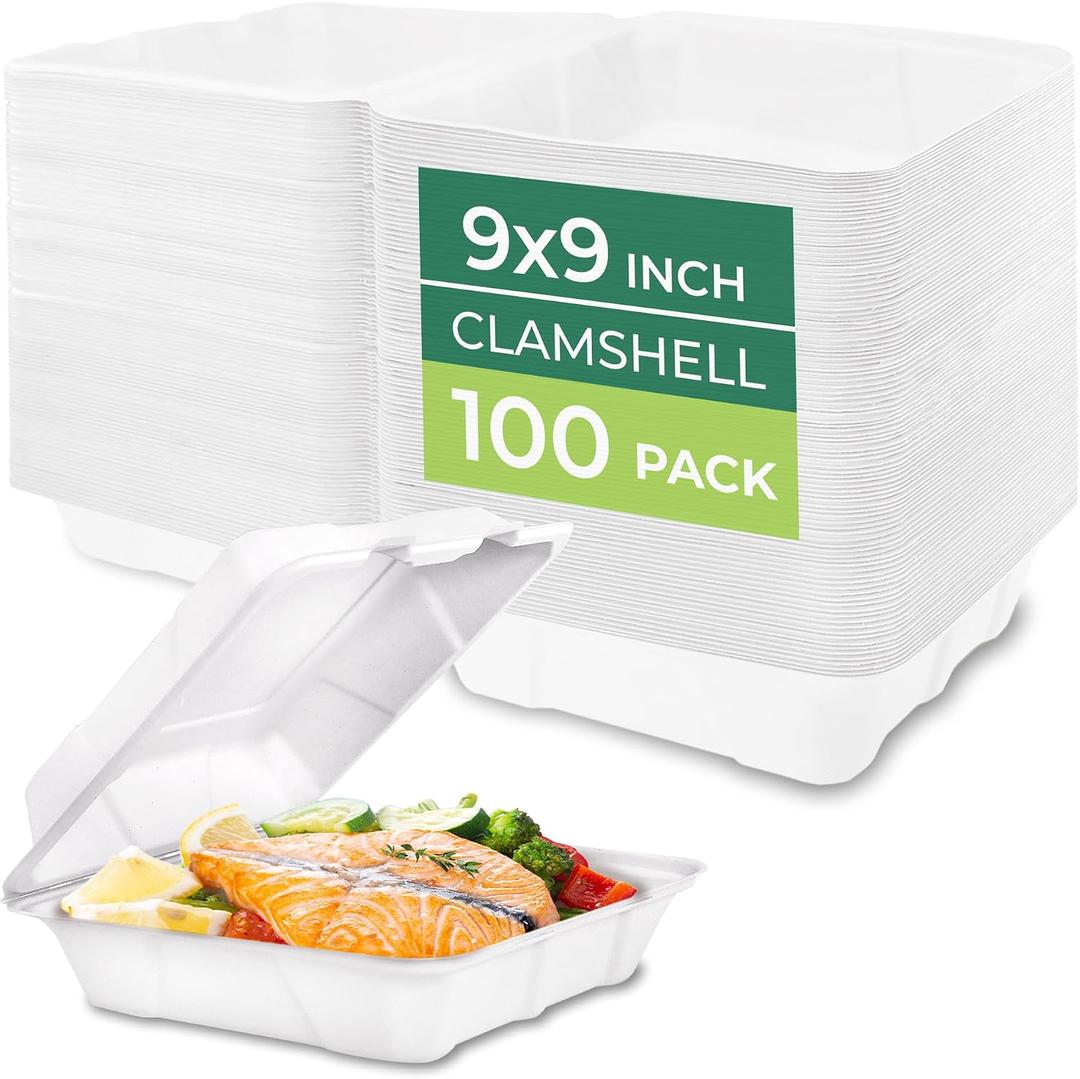 Freshware Compostable Clamshell To Go Food Containers 9 x 9 Inch, 100 Pack
