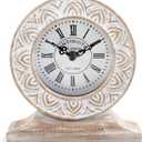 NIKKY HOME Hand Carved Wood Table Clock, Shelf Desk Top Clock Battery Operated Boho Design, Vintage Home Decor for Fireplace Mantel, Desktop, Countertop, Distressed White
