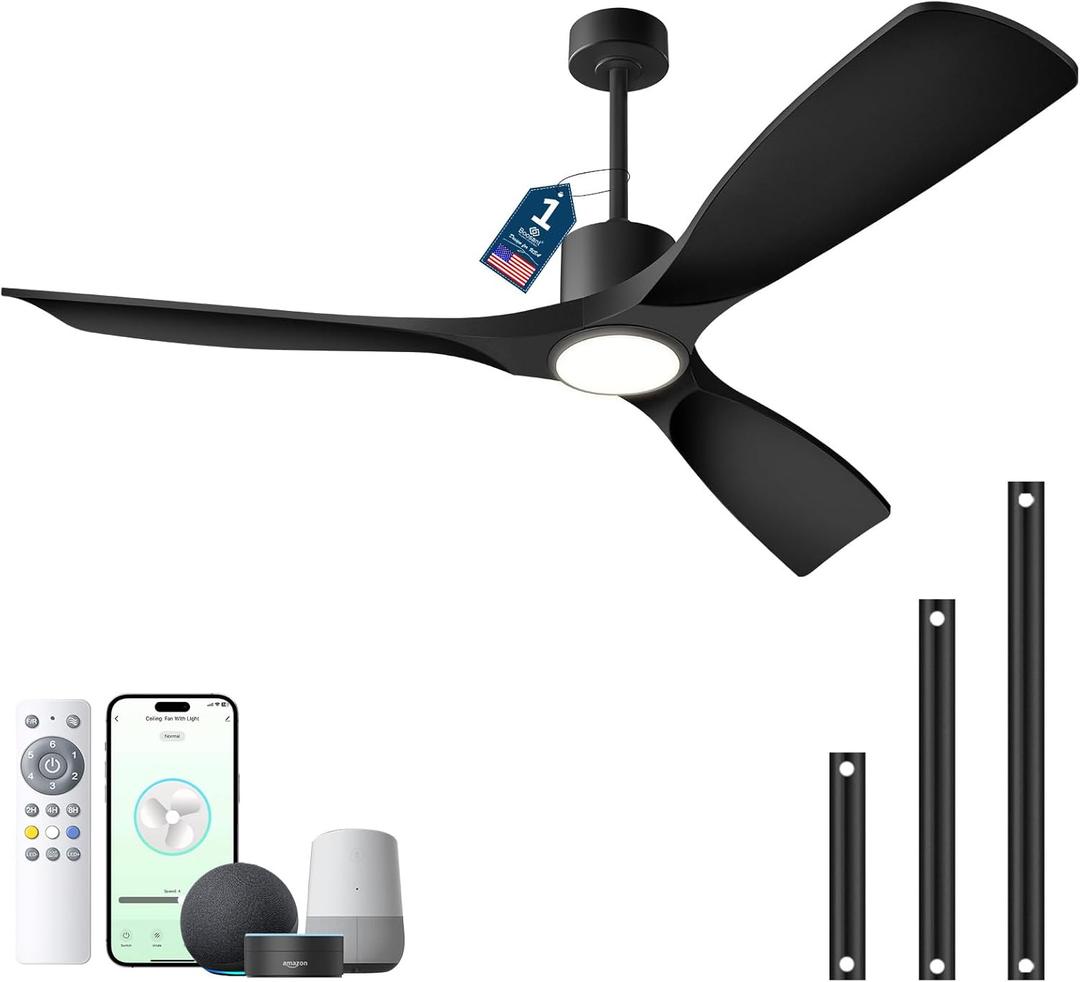 BOOSANT 52" Smart Ceiling Fan with Lights, 3 Blade Black Ceiling Fan, Work with Alexa/ Gg/ App/ Remote, 3-Color Light 6-Speed Quiet Reversible DC Motor for Patio Porch Living Room, Matte Black