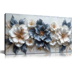 Flower Prints Wall Art for Living Room Blue and White Paintings for Wall Office Wall Decor for Bedroom Aesthetic Size 20" x 40"