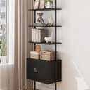 Yusong 73" Tall Bookshelf with Cabinet, Industrial Ladder Wall Mount Shelf Bookcase with Wood and Metal Frame, Plant Shelf Wall Storage Display for Living Room Bedroom, Black Wood Grain