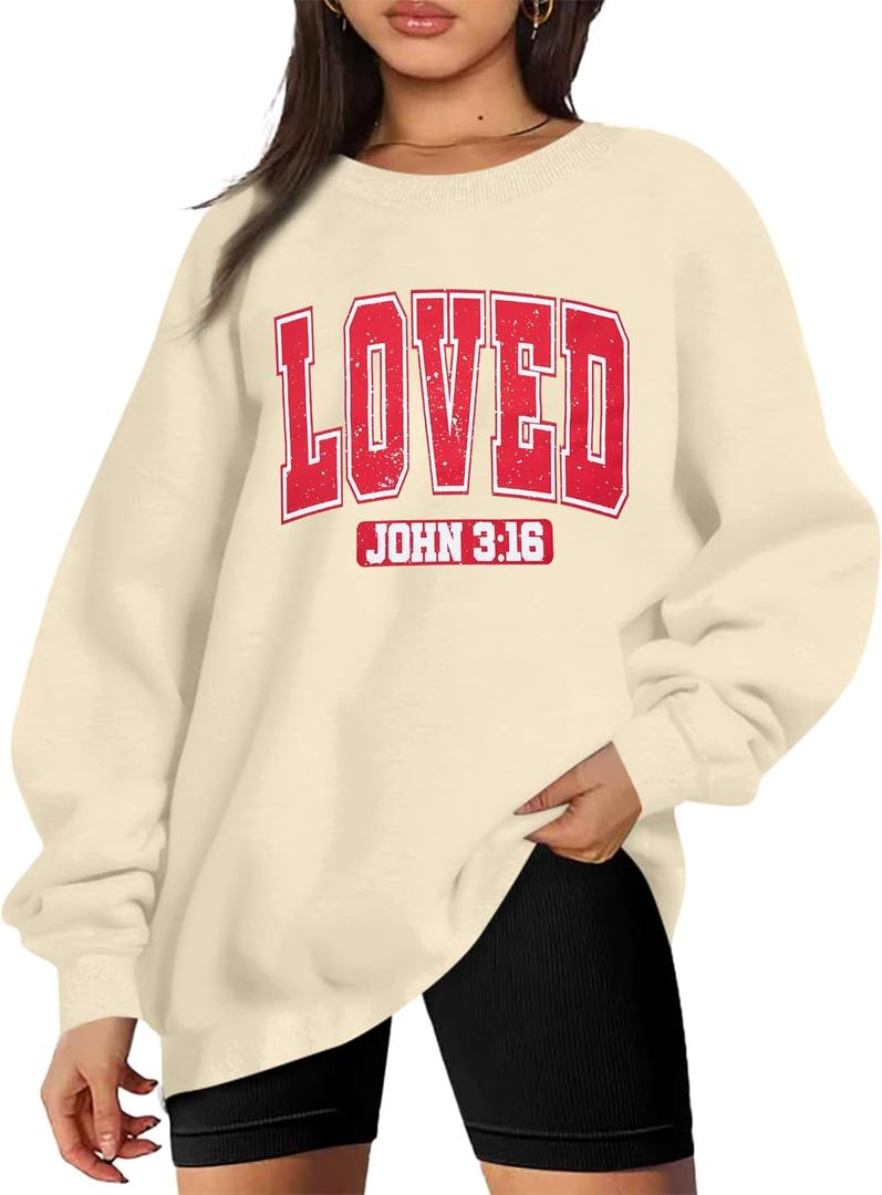 UNIQUEONE Valentines Sweatshirts for Women Love Sweatshirt Love Heart Graphic Pullover Cute Holiday Crewneck Long Sleeve Tops (Beige, S)
