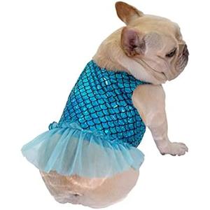 Moorfowl French Bulldog Fairy Meraid Dress Dog Girl Tulle Slip Skirt Sparkly Pug Princess Sequins Halloween Christmas Party Dress Doggie Summer Clothes (L(Back 12.59", Chest 20.07" - 21.65"), Blue)