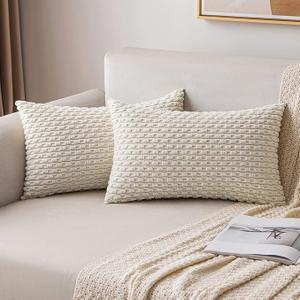 MIULEE Throw Pillow Covers Soft Corduroy Decorative Set of 2 Boho Striped Pillow Covers Pillowcases Farmhouse Home Decor for Couch Bed Sofa Living Room 12x20 Inch Cream White
