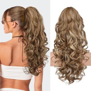 REECHO Ponytail Extension, 20 Claw Clip Ponytail Extension Curly Clip in Ponytail Long Pony Tails Hair Extensions for Women Fluffy Natural Looking Synthetic Hairpiece, Light Brown with Highlights