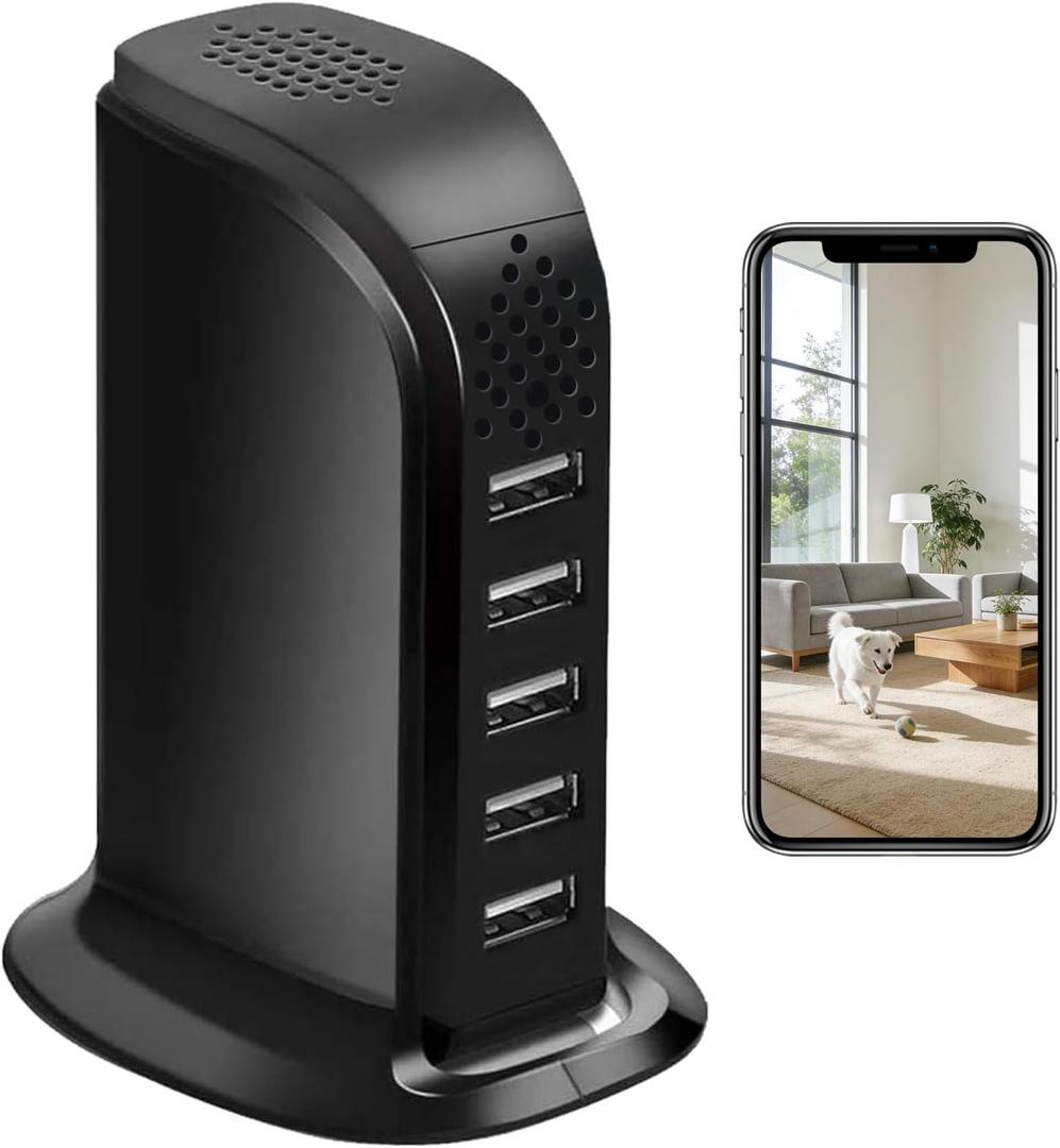HD 1080P Video Camera WiFi USB Charger for Securtiy, Mini Camera Indoor Loop Filming Motion Detection Remote View, Video-only Surveillance Nanny Cam Pet House Office, 5Port Hub, No Audio