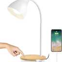 Metal Desk Lamp Table Lamp Reading Lights Arc Desk Lamps for Bedroom, Wood Base Bedside Lamp with Flexible Gooseneck for Study Room and Office (Wood Base+White)