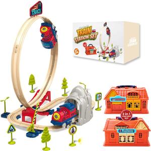 Train Toys for Toddlers 3-5 | Electric Train Set for Kids - Toy Train, Railway Station with Loop, Bridge & Signs - Montessori Educational Fun Trains Toy for Boys Girls Birthday Gift