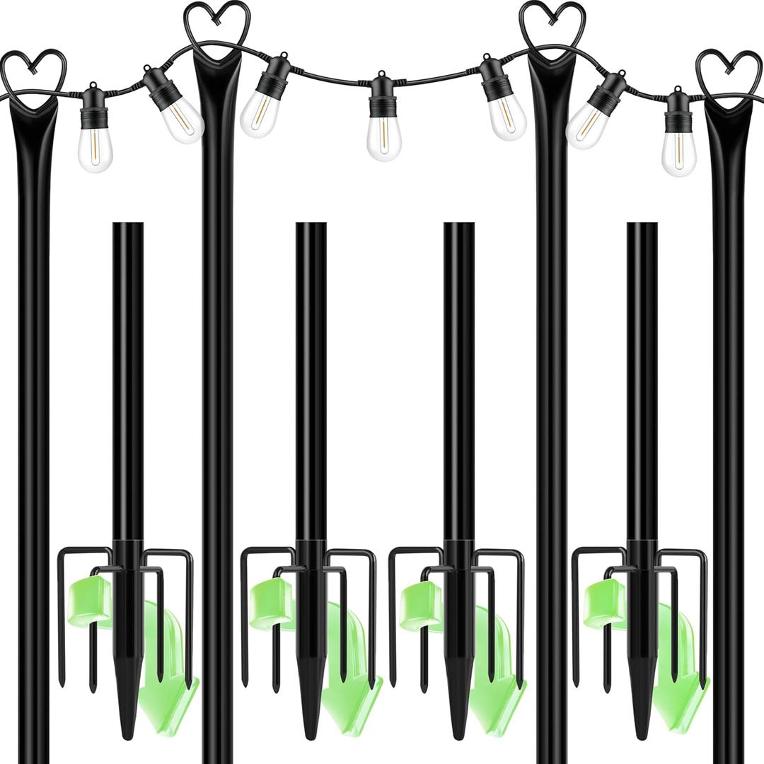 XDW-GIFTS String Light Poles with Fork for Outdoor, 4 Pack 9.8 FT Tall Metal Posts for Hanging String Lights Patio, Yard, Deck Light Holders Outside Lighting Poles for Backyard