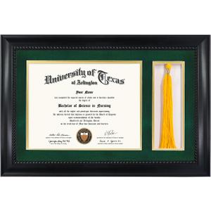 8.5x11 Diploma Frame with Tassel Holder, Solid Wood & Tempered Glass, Green over Gold Mat, Black Finish with Intricate Black Rope Detail
