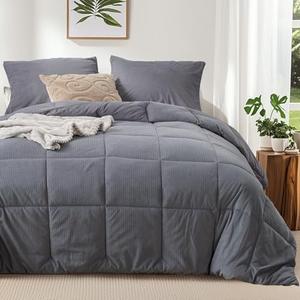 KASENTEX King Size Corduroy Comforter Set, 3 Pieces Fluffy Down Alternative Warm Duvet Insert with Soft Brushed Microfiber Reverse, Cozy Bedding Sets Box Stitched for All-Season Comfort,Grey blue