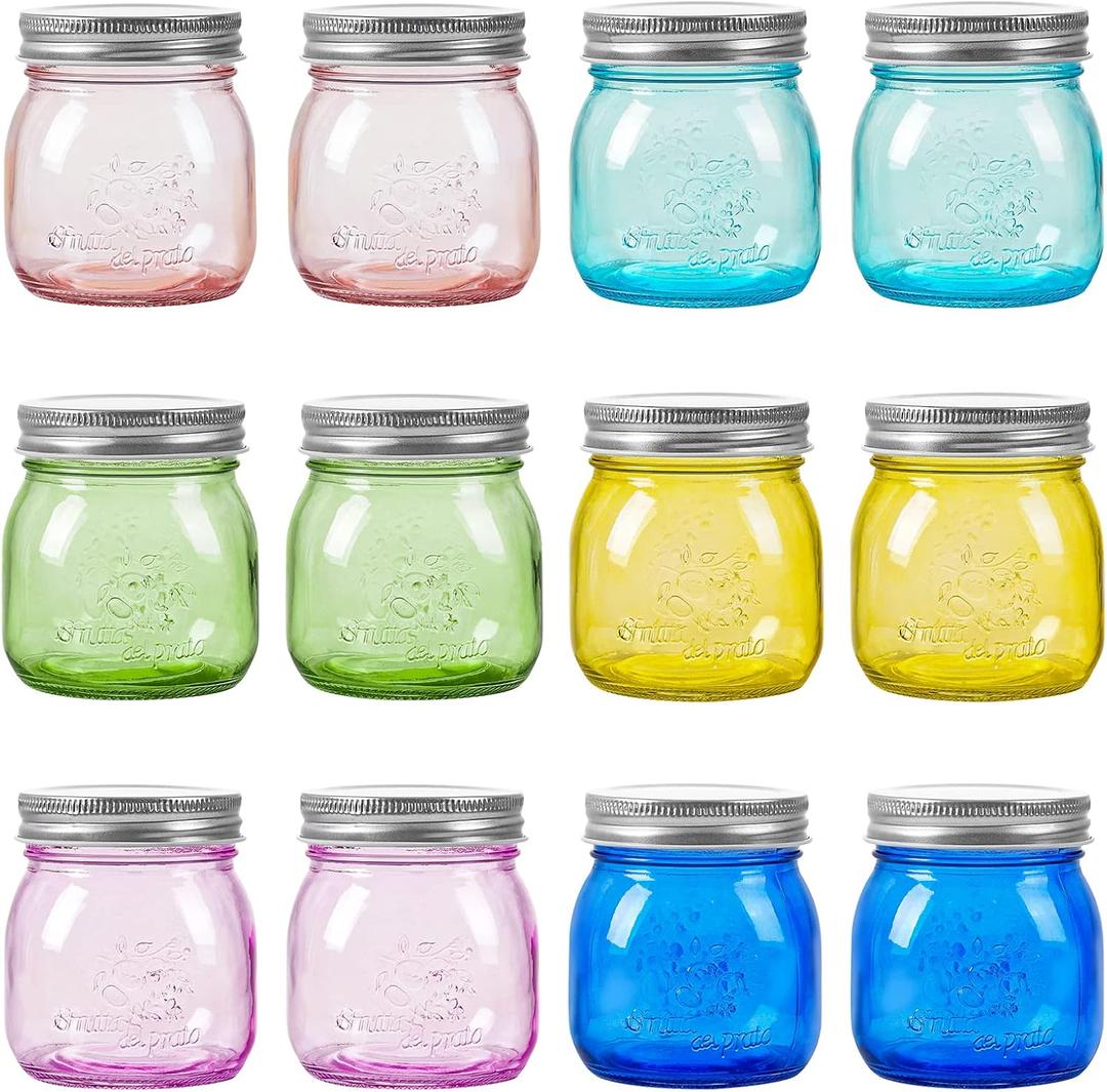 Amzcku Colored Mason Jars 8 oz with Metal Lids - Regular Mouth Canning jar for Jam, Honey, Wedding Favors, Shower Favors, Pickling, Food Storage, Jelly, DIY Spice Jars, 12 Pack