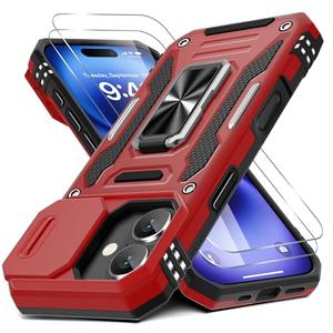 DEERLAMN Case for iPhone 17 6.3-Inch with Slide Camera Cover + Screen Protector (2 Packs), Rotated Ring Kickstand Military Grade Shockproof Protective Cover-Red