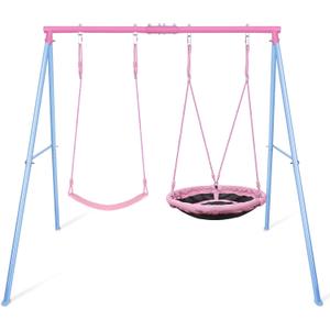 Lunafun Swing Set, 440lbs, Heavy-Duty A-Frame Metal Outdoor SwingStand, 1 Saucer & 1 Belt Swing seat for Playground, Backyard Pink