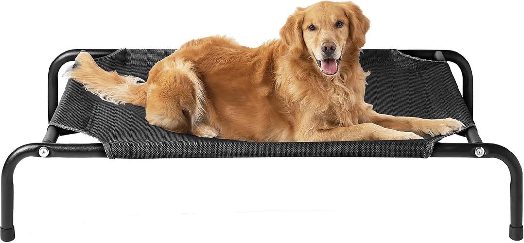 EHEYCIGA Elevated Dog Cot Beds for Large Dogs, Raised Outdoor Dog Hammock, Lifted Pet Platform with Frame and Washable Waterproof Cooling Teslin Mesh and Anti-Slip Feet, 43x26 inch (Black)