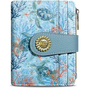 Kelvoris Sea Turtle Small Rfid Women Wallet Bifold Zipper Coin Pocket PU Leather Compact Cash Credit Card Holder Travel Wallet for Female Ladies Teen Girls 1 ID Window 10 Card Slots