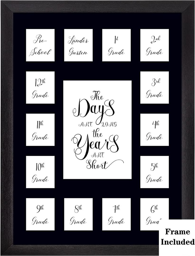 School Year Picture Frame Pre K-12 Collage Photo Display Graduation Black Solid Wood Frames for Wall Hanging and Table Top Display 15 Opening Black Mat- The Days Are Long- Pre School to 12th