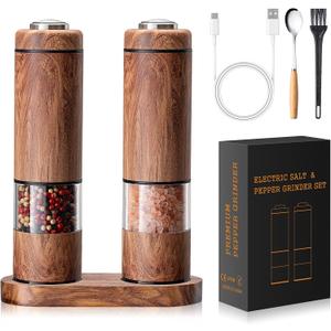 Rechargeable Electric Salt and Pepper Grinder Set Automatic Salt and Pepper Shakers with Wood Base, Adjustable Coarseness, LED Light, One-Hand Operation Salt and Pepper Shakers Set