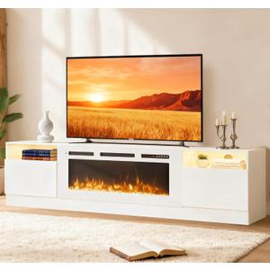 MXV 80" Fireplace TV Stand for TVs Up to 90", LED Light Entertainment Center with 36" Electric Fireplace, Modern Wood Texture TV Media Console with Highlight Storage Cabinet, White-White