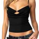Navneet Women Layered Bra Draped Cowl Neck Tank Top Spaghetti Strap Cut Out Ruched Going Out Crop Cami Top (Small, Black)