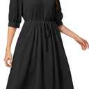 Solid Color Relaxed Dresses 2025 Women's Casual 3/4 Sleeve Crew Neck Flowy Swing A Line Dresses with Pockets, Small, Black