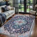 Ciicool 3x5 Washable Blue Rug Boho Floral Non-Slip Bedroom Rugs for Entryway Throw Rug Soft Low-Pile Indoor Floor Carpet for Living Room Laundry Foyer Decor
