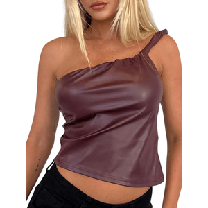 MakeMeChic Women's PU Leather Asymmetrical Neck Ruched Sleeveless Camisole Crop Tops M