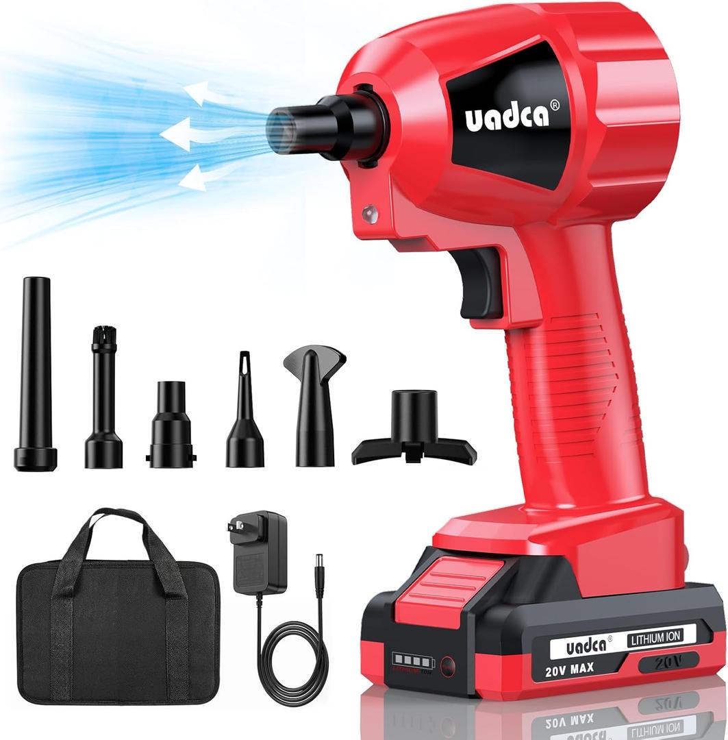 UADCA Rechargeable Compressed Air Duster | 200,000 RPM Turbo Air Blower | 6 Nozzles for PC, Electronics, Car Interiors & Dry Debris | LED Light & Portable (Red)