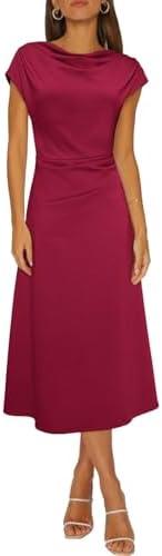 Happy Sailed Women's Spring Summer Short Sleeve Cowl Neck Ruched Waist Flowy A Line Midi Dresses Party Cocktail Dress.S