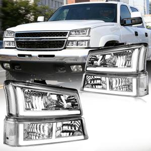 LED DRL Headlight Compatible with 2003 2004 2005 2006 Chevy Silverado/ 2003-2006 Avalanche 1500 2500, without Factory Cladding Models Headlights Assembly Kit Chrome Housing Clear Reflector