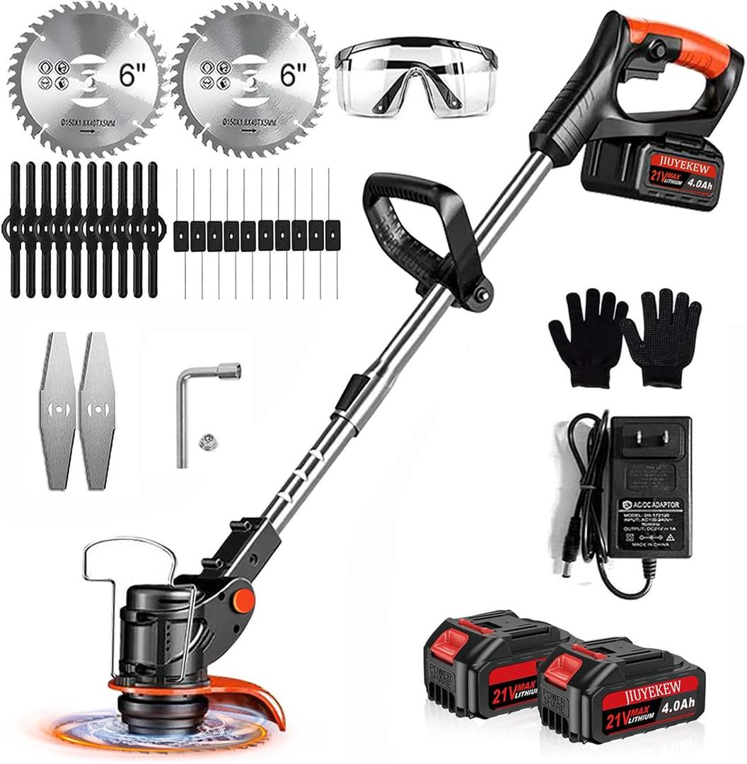 Cordless Weed Wacker, Electric Weed Trimmer Battery Powered with 2X 21V 4.0Ah Batteries, 3 in 1 Blades Types of Blades, Stringless Grass Trimmer/Lawn Edger/Brush Cutter for Garden and Yard (Black2)