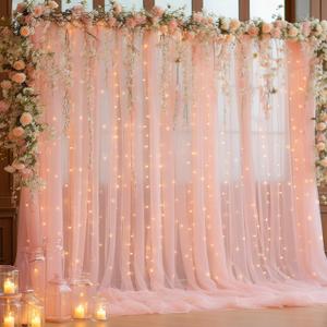 10x10ft Peach Tulle Backdrop Curtain with Lights String for Parites, Sheer Backdrop Curtains for Wedding Baby Shower Birthday Party Photo Shoot Decorations