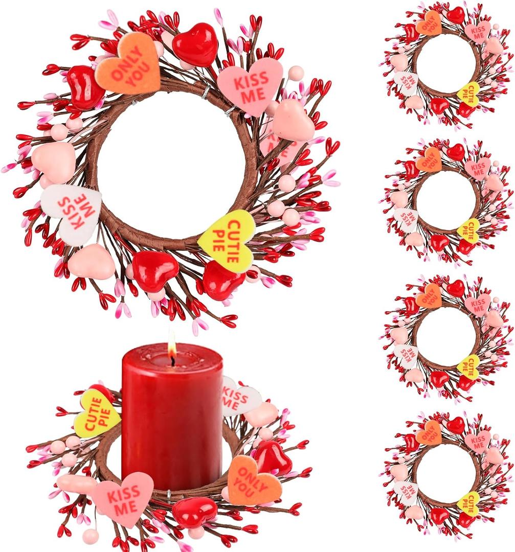 Valentine Candle Rings, 6 Pcs Conversation Heart Decor for Pillar Candles, Red Pink Felt Mini Wreath with Love Messages for Table, Cabinet, Candy Heart Centerpiece, Wedding & Home Decor