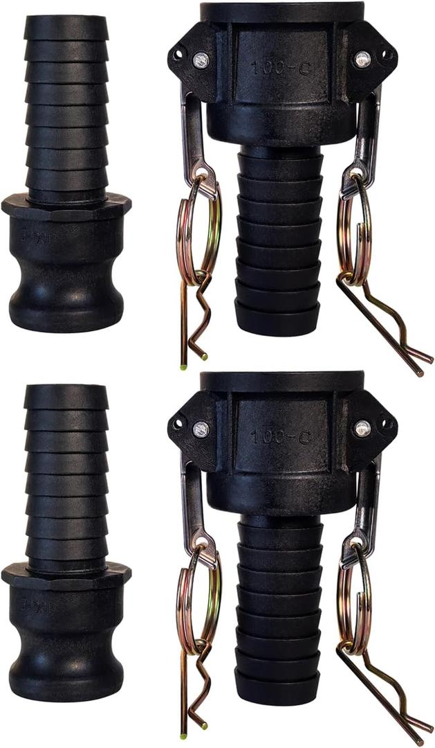 Camlock Fittings 1 Inch Type C & E Polypropylene Cam and Groove Hose Fitting Kit with 1" Female & Male Camlock x 1" Hose Shank (Hose Barb), Cam and Groove Hose Couplings (2 Sets/ 4 Pcs)