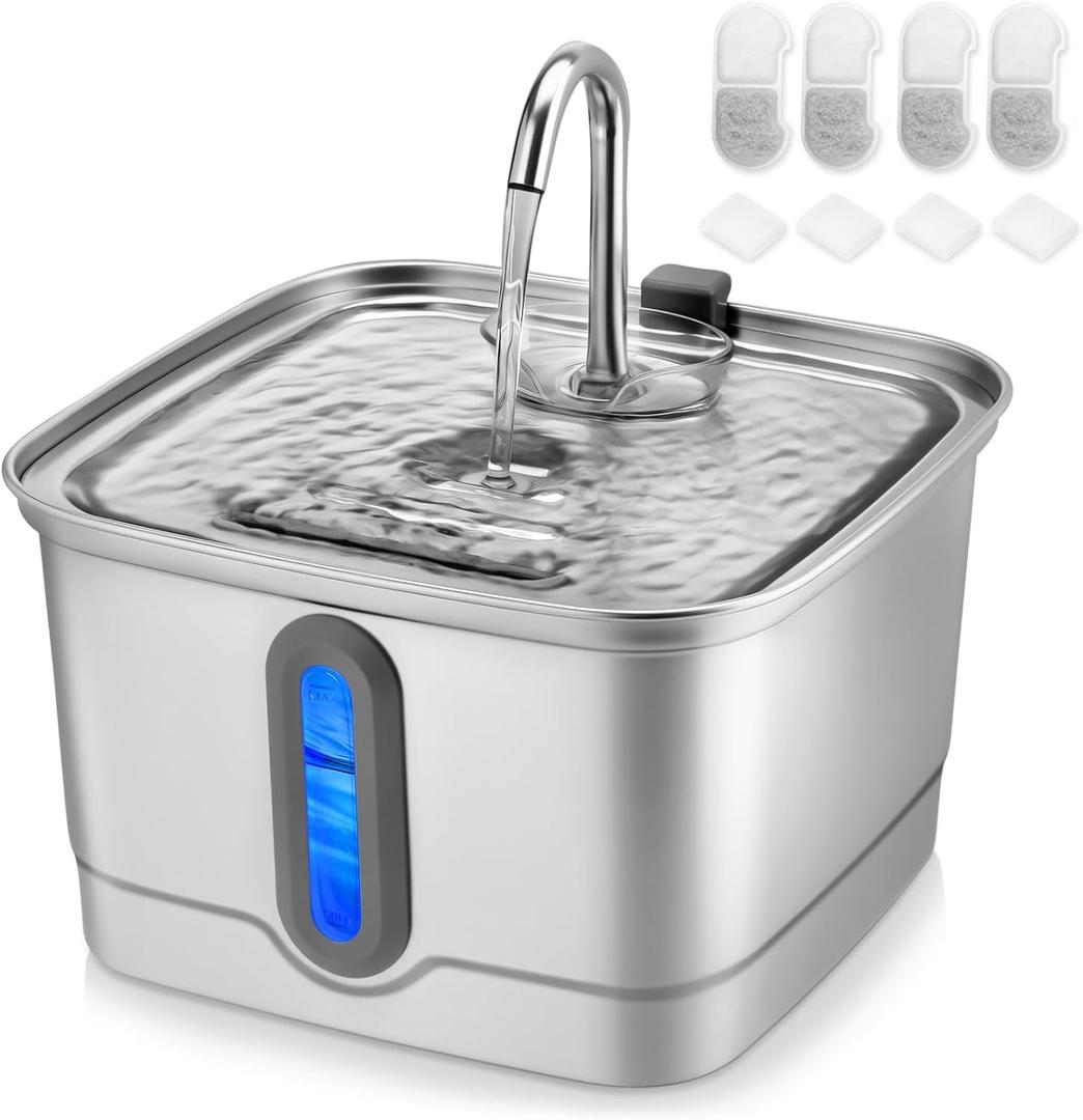 SEIRMEP Stainless Steel Cat Water Fountain, 101oz/3L Automatic Pet Water Fountain, Dog Water Fountain with Replacement Filters for Cats, Small Dogs (4 Filters and 4 Sponges)