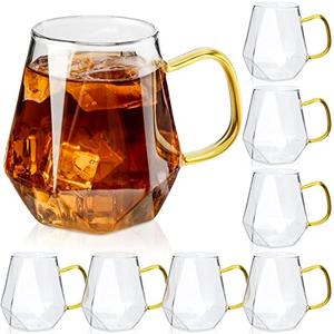 Patelai Glass Coffee Cups with Handle, 10 oz Glass Clear Coffee Mugs for Hot Espresso Liquor, Microwave Safe Tea Cups Glass Set Gift, Diamond Design(8 Pieces)