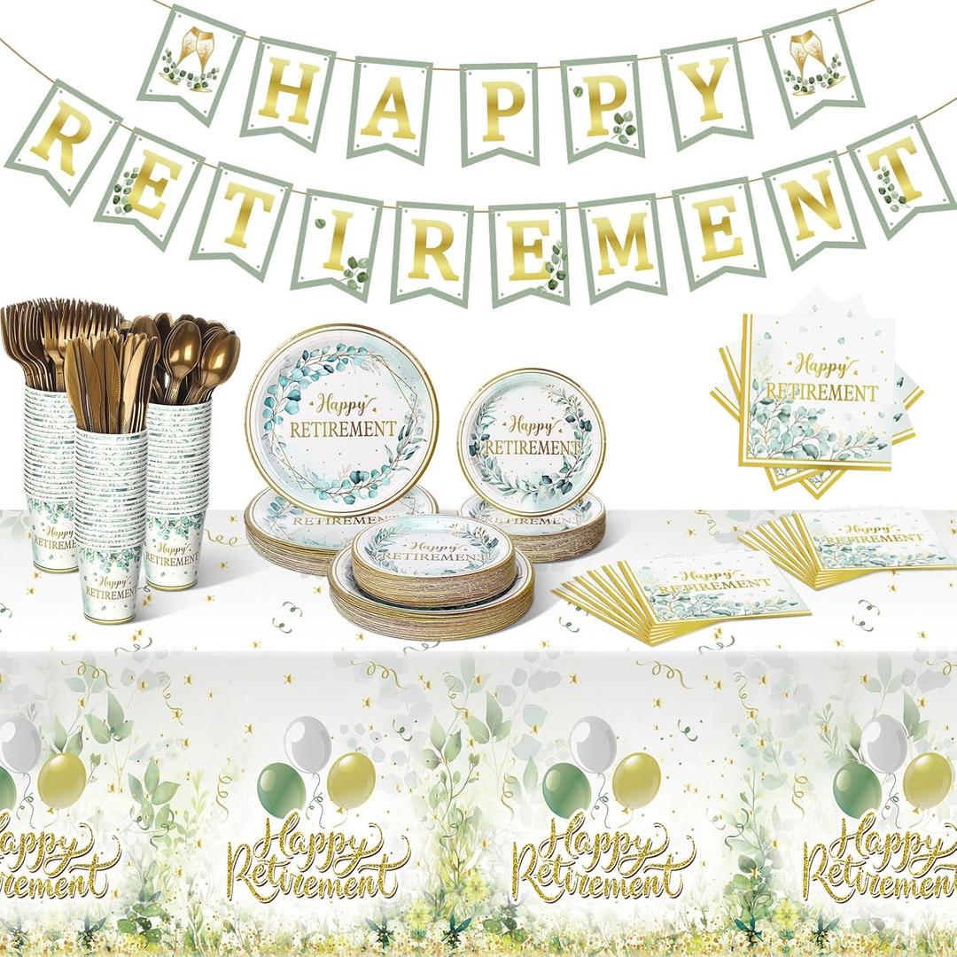 Zhehao 272 Pcs Sage Green Retirement Party Tableware Set Happy Retirement Tablecloths Plates Napkins Cups Forks Knives Spoons Banner for Retired Party Decoration Favors