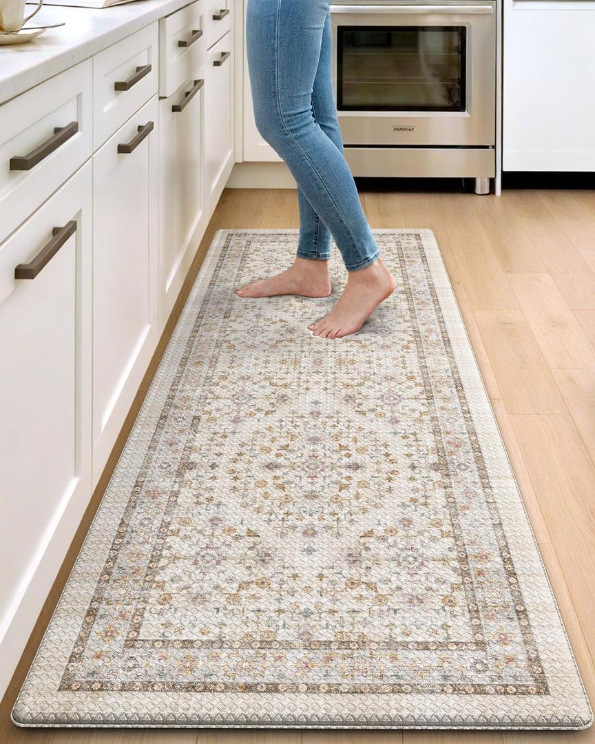 DEXI Kitchen Floor Mats Cushioned Anti Fatigue, 23x59 Rubber Standing Comfort Runner Rug, Waterproof Retro Floral Memory Foam Padded for Front Sink Laundry, Beige/Ivory