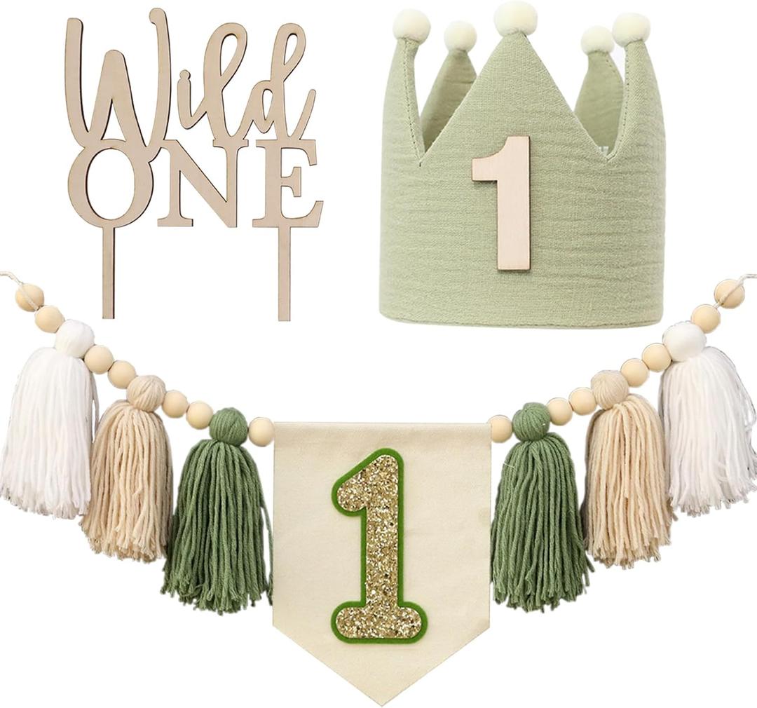 Wild One High Chair Banner For 1st Birthday Party Boy Decorations With Green Tassel Garland Crown Hat Wild One Cake Topper (White Beige Green)