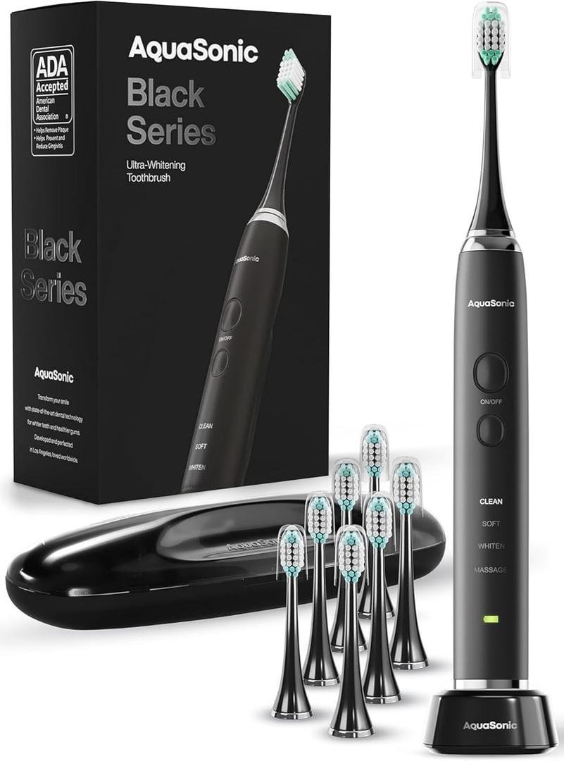 Aquasonic Black Series Ultra Whitening Toothbrush ADA Accepted Electric Toothbrush- 8 Brush Heads & Travel Case 40,000 VPM Electric Motor & Wireless Charging - 4 Modes w Smart Timer 1 Count (Pack of 1)