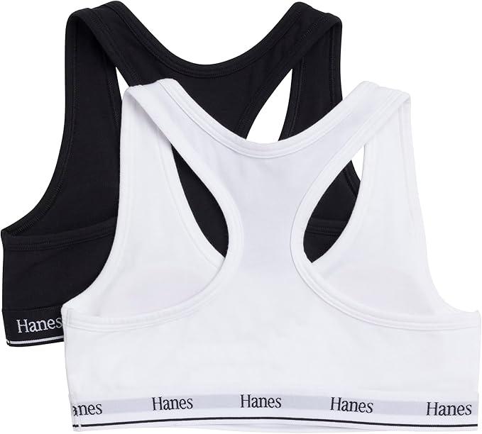 Hanes Girls' Cotton Racerback Sports Bra 2Pack, Black/White, Large